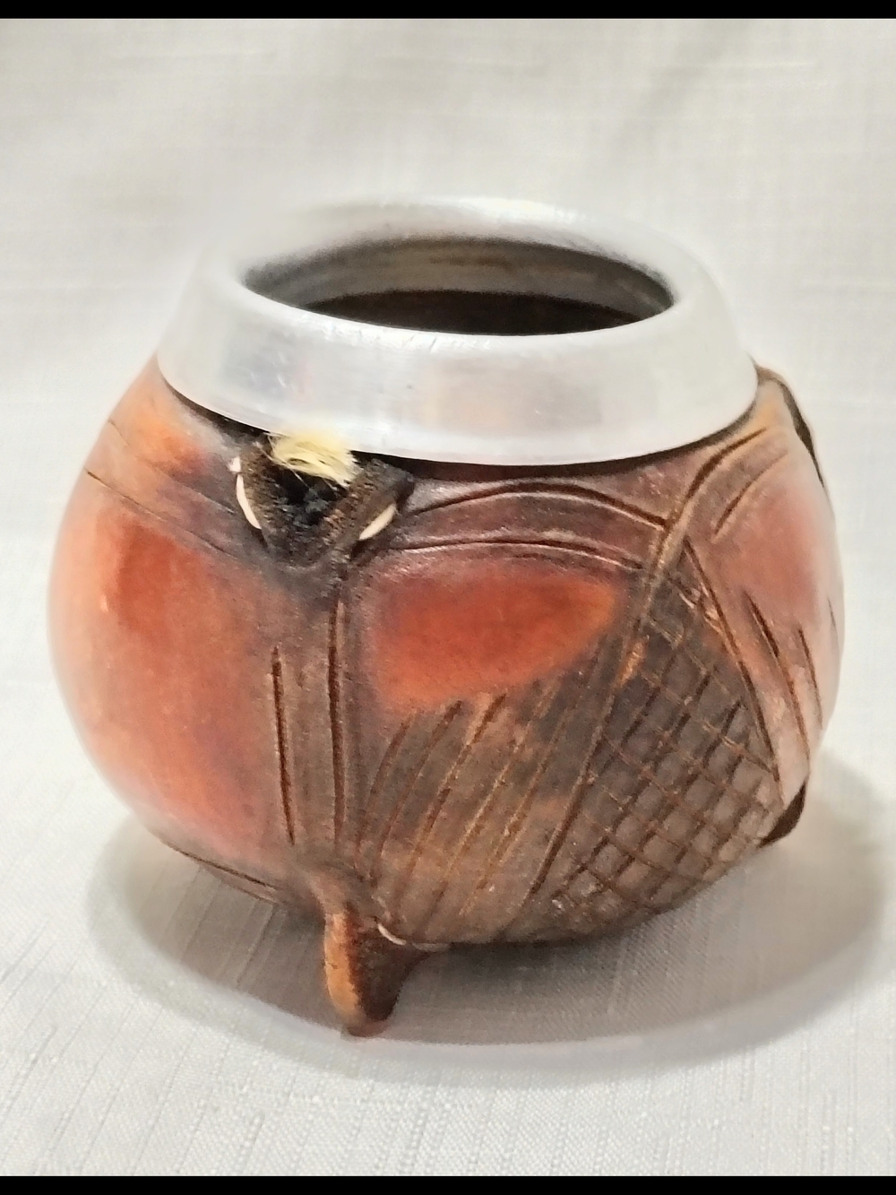 Vintage Handmade South America Yerba Tea Mate Gourd Metal Rim 3 Inches Tall